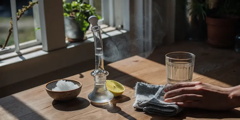 Hand by glass bong and cleaning supplies, natural light.