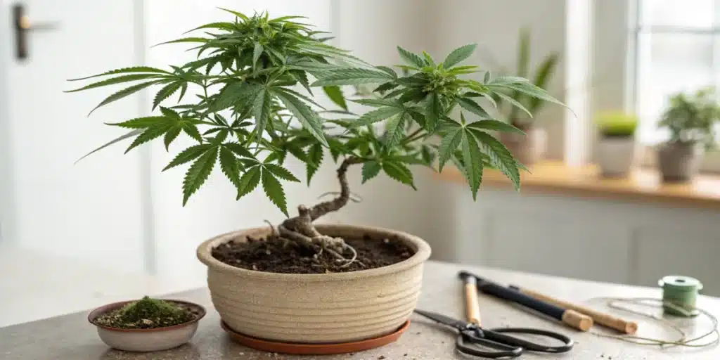 Small cannabis bonsai plant in a beige pot, displayed on a table with pruning tools and moss in a bright indoor setting