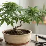 Small cannabis bonsai plant in a beige pot, displayed on a table with pruning tools and moss in a bright indoor setting