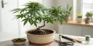 Small cannabis bonsai plant in a beige pot, displayed on a table with pruning tools and moss in a bright indoor setting