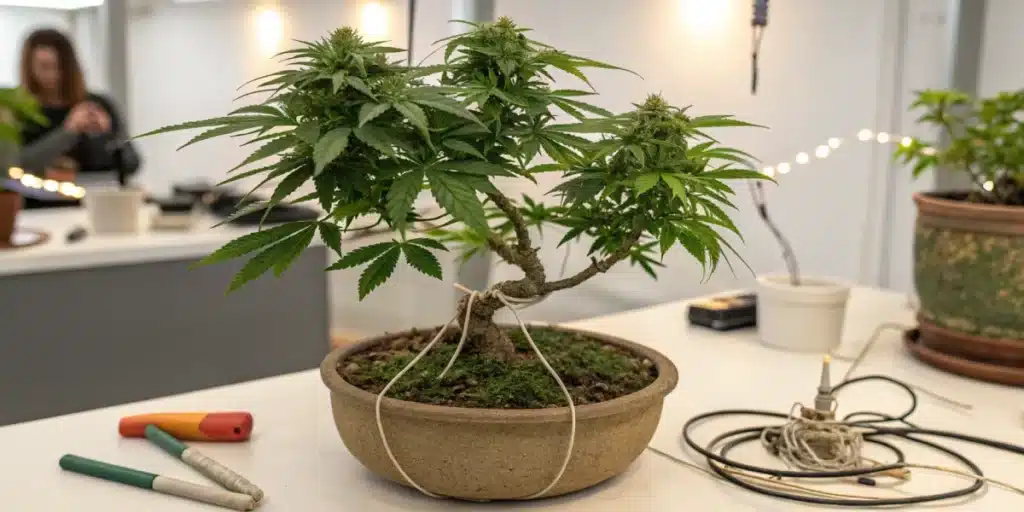 Bonsai-style cannabis plant in a ceramic pot, shaped with training wires on a desk with gardening tools in the background