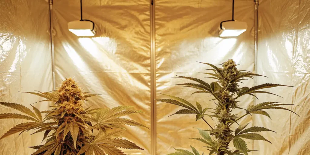 Hyper-realistic split-screen illustration comparing light-colored cannabis plants under bright overhead lights in a reflective gold-toned grow tent.