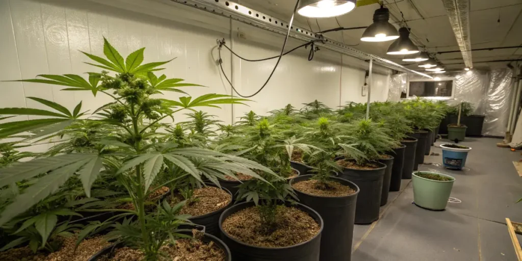 Bright indoor cannabis grow room with long rows of potted plants under overhead lights, leading to a window.