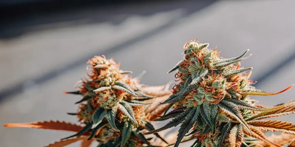 Cali Dream cannabis buds in bright sunlight, revealing orange pistils and frosty trichomes.