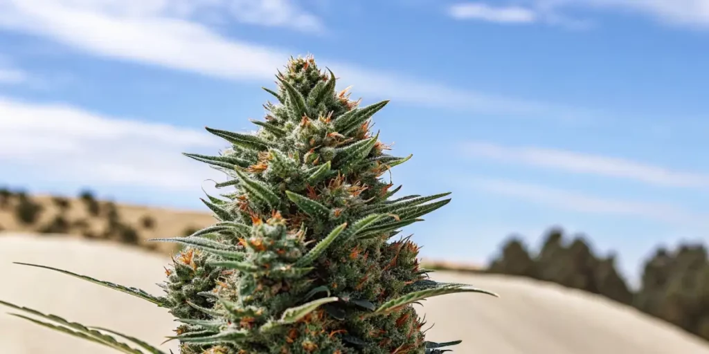 Tall Cali Dream cannabis bud with frosty trichomes and orange pistils, standing under a clear blue sky and sandy landscape.