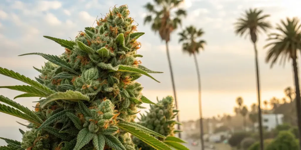 Close-up of Cali Dream cannabis buds with vibrant green and orange pistils, set against a sunny background with palm trees.