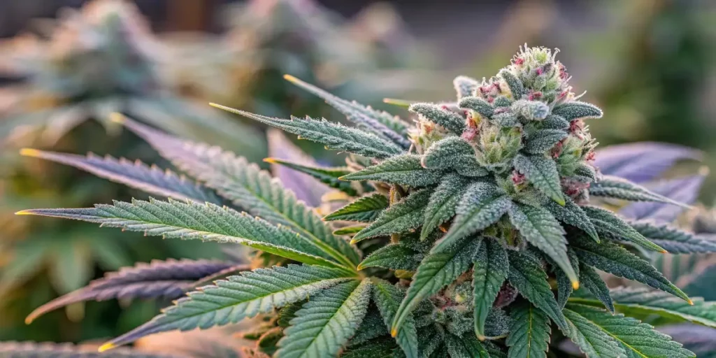 Cali Dream cannabis buds glowing under the sunset with vibrant green and purple hues.