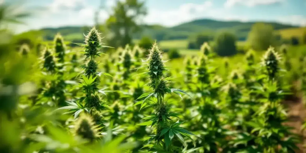 Lush cannabis plants growing outdoors in Washington State with scenic hills in the background.