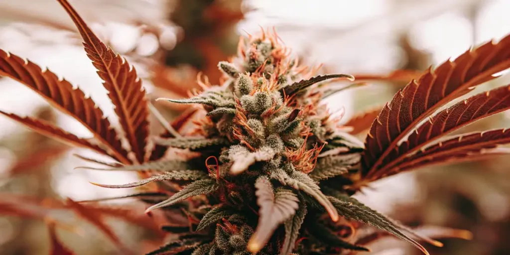 Close-up of cannabis buds with red-tinted leaves and frosty trichomes, illuminated by soft light.