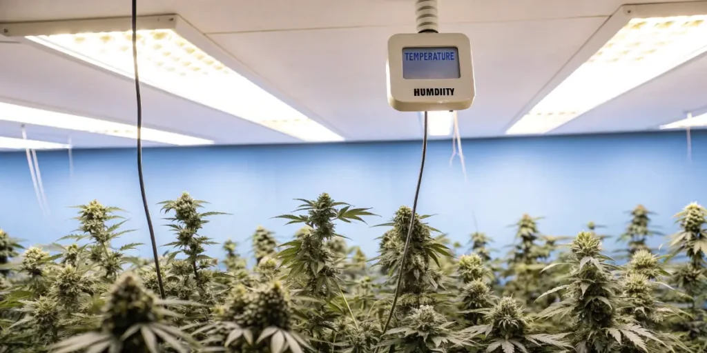 Hyper-realistic indoor cannabis grow room featuring lush plants, a humidity/temperature meter reading "TEMPERATURE" and "HUMIDITY," and bright overhead lights.