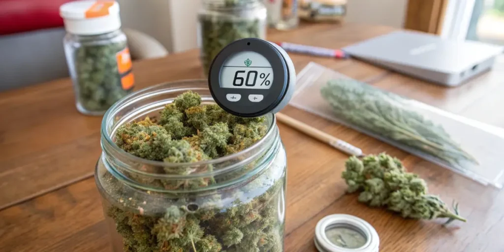Hyper-realistic image of a round digital hygrometer displaying "60%" inserted into a jar of dried cannabis buds, on a wooden table with other cannabis items.