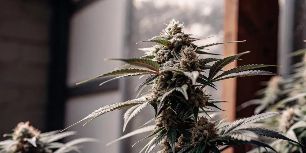 Healthy cannabis plant flowering in a greenhouse with vibrant green leaves and buds.