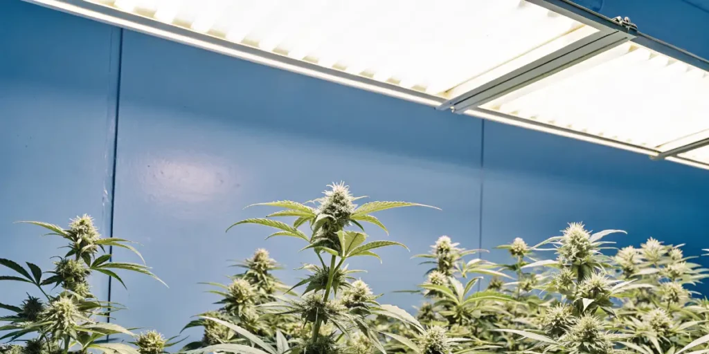 Hyper-realistic scene of lush indoor cannabis plants with prominent buds under bright overhead lights against a blue wall.