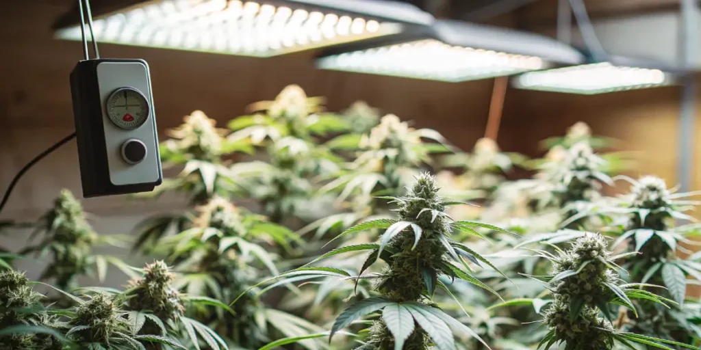 Hyper-realistic indoor cannabis grow room featuring lush plants with prominent buds and an analog meter showing environmental readings, under bright overhead lights.