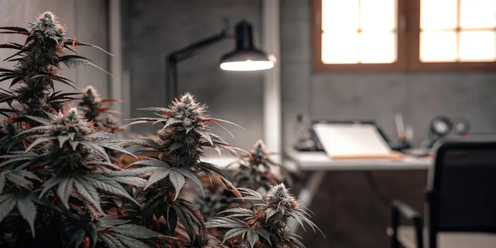 Hyper-realistic scene of cannabis hybrid plants with mature buds, next to a desk with a lamp, in a room.