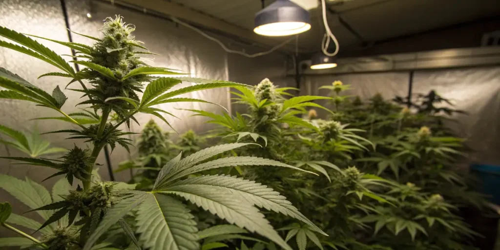 Hyper-realistic close-up of a cannabis grow room filled with dense, lush plants under bright overhead lights.