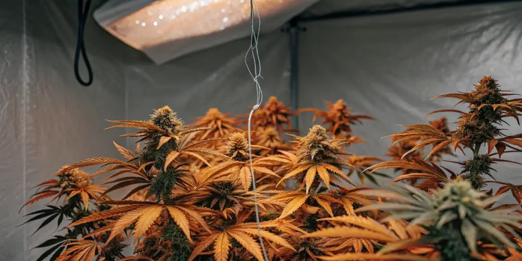 Hyper-realistic close-up of cannabis plants with dense buds and golden-orange leaves, under warm overhead grow lights, in a grow tent.