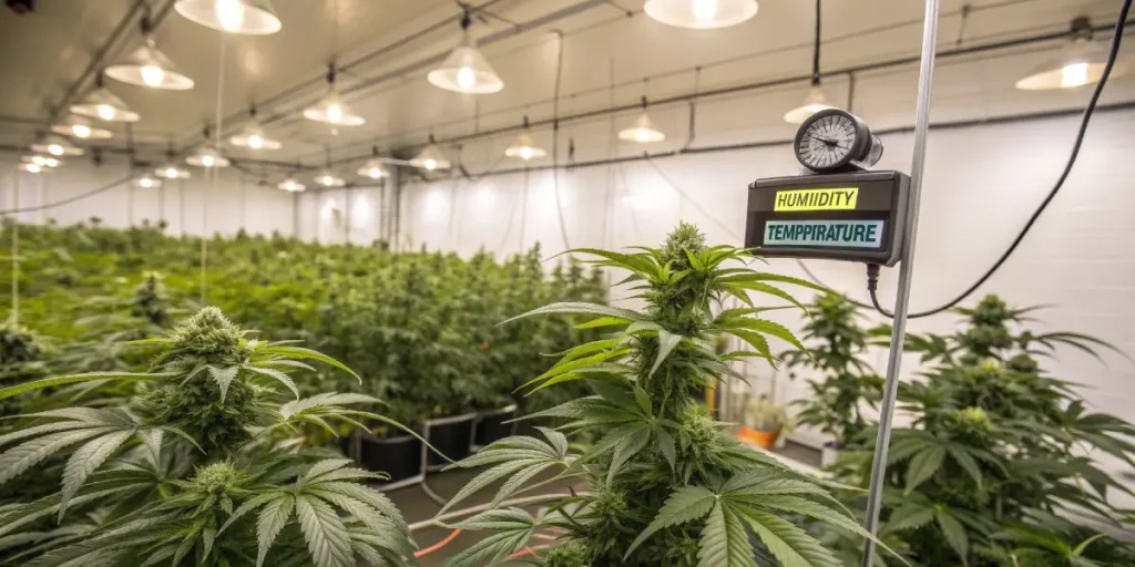 Hyper-realistic indoor cannabis grow room filled with lush plants, with a large "HUMIDITY TEMPERATURE" meter showing analog and digital readings, and bright overhead lights.