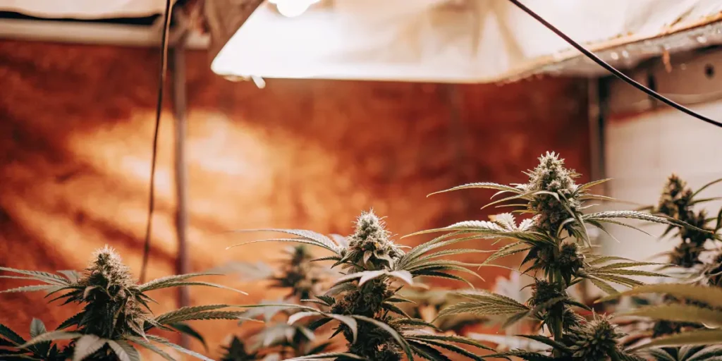 Hyper-realistic close-up of cannabis plants with dense buds, under warm overhead grow lights, with reddish-orange wall in background.