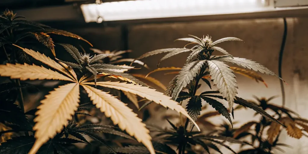 Close-up of cannabis plants with discolored golden-brown and dark green leaves under grow lights.