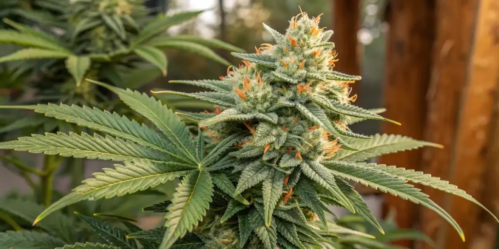 Close-up of a cannabis plant with dense trichomes and orange pistils.
