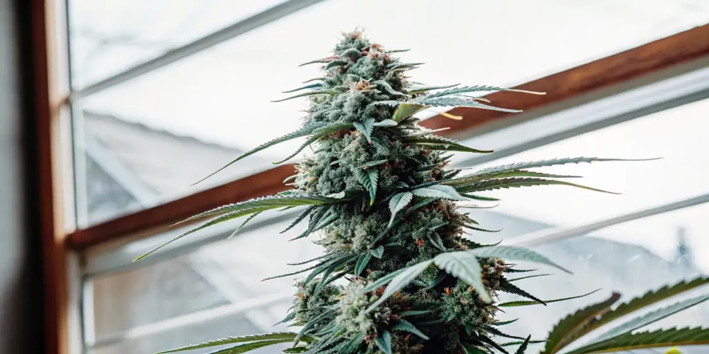 Cannabis plant with resinous buds and vibrant green leaves, positioned near a window.