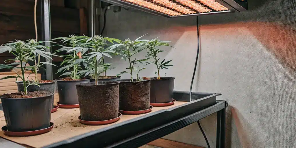 Indoor cannabis grow: potted seedlings under a warm red grow light.