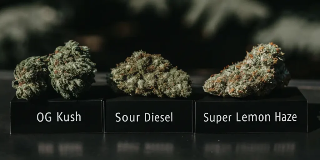 Hyper-realistic close-up of three cannabis buds labeled "OG Kush," "Sour Diesel," and "Super Lemon Haze" on black stands, for a strain comparison.