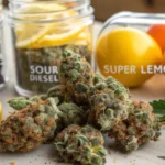 Hyper-realistic close-up of cannabis buds with various citrus fruits and labeled jars for "OG KUSH," "SOUR DIESEL," and "SUPER LEMON HAZE" strains.