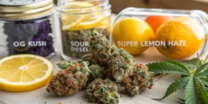Hyper-realistic close-up of cannabis buds with various citrus fruits and labeled jars for "OG KUSH," "SOUR DIESEL," and "SUPER LEMON HAZE" strains.
