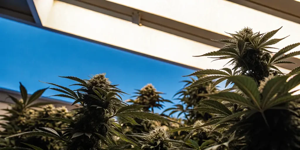 Hyper-realistic scene of lush indoor cannabis plants with prominent buds under white overhead panels, with a glimpse of blue sky above.
