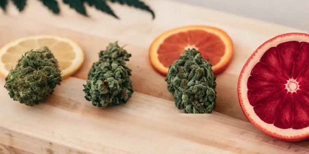Hyper-realistic close-up of cannabis buds with a lemon slice and two orange slices on a wooden board, suggesting cannabis aroma.
