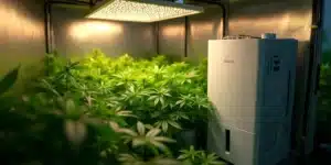 Cannabis grow tent with a dehumidifier and LED lighting