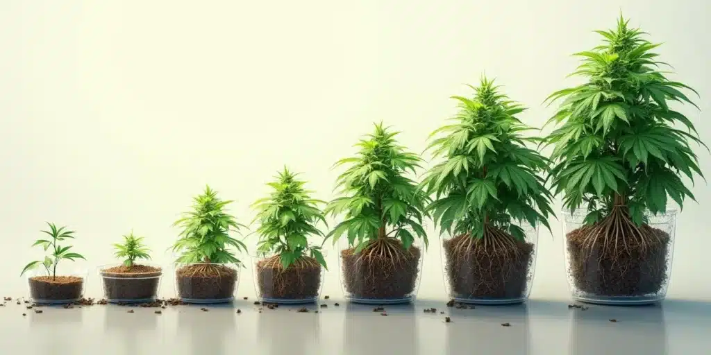Progression of cannabis plants from seedling to full growth in transparent pots.
