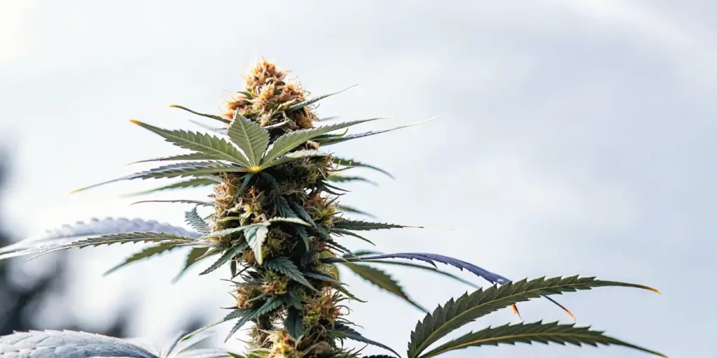 Close-up of a cannabis plant showing dense buds and vibrant green leaves under natural sunlight.