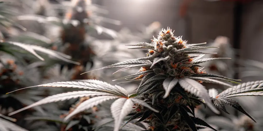 Cannabis plant in a greenhouse with thick buds and dark green leaves.