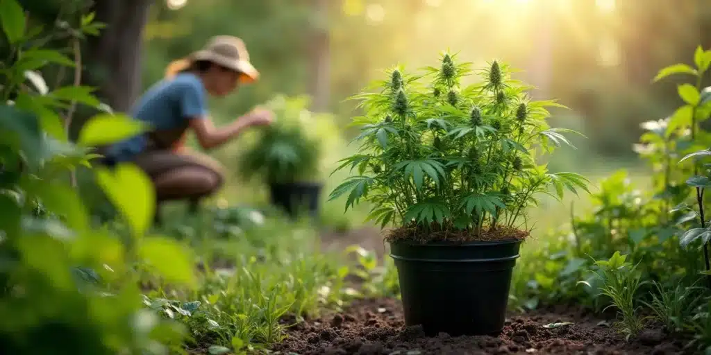 Cannabis plant growing outdoors in an auto grow pot with sunlight