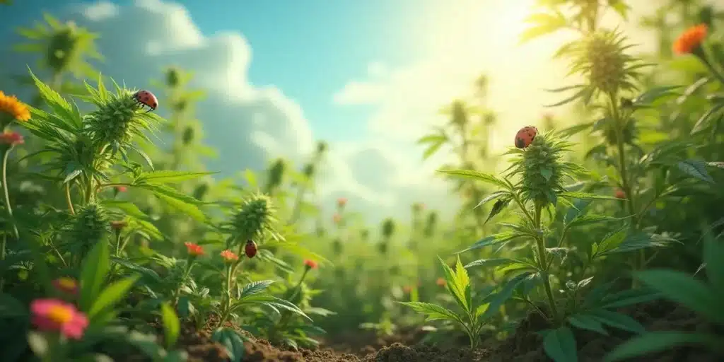Outdoor cannabis field in late flowering stage with dense green buds and a ladybug, under a sunny sky with clouds.