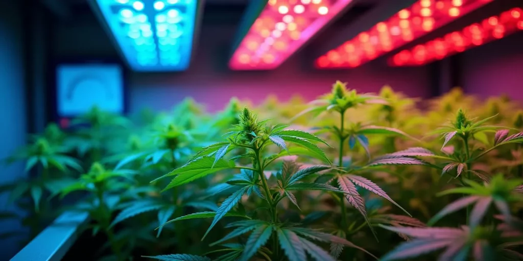 Cannabis seedlings under red and blue LED grow lights for optimal PPFD.