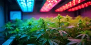 Cannabis seedlings under red and blue LED grow lights for optimal PPFD.