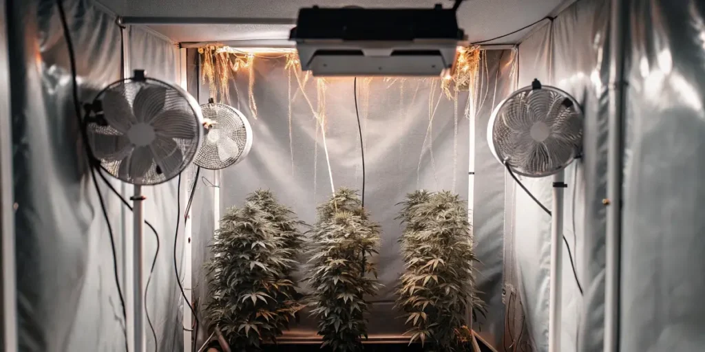 Hyper-realistic image of three indoor cannabis plants under a grow light and two oscillating fans in a tent.