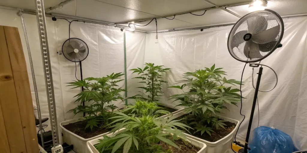 Hyper-realistic image of young indoor cannabis plants in white planters under fans and grow lights in a tent.