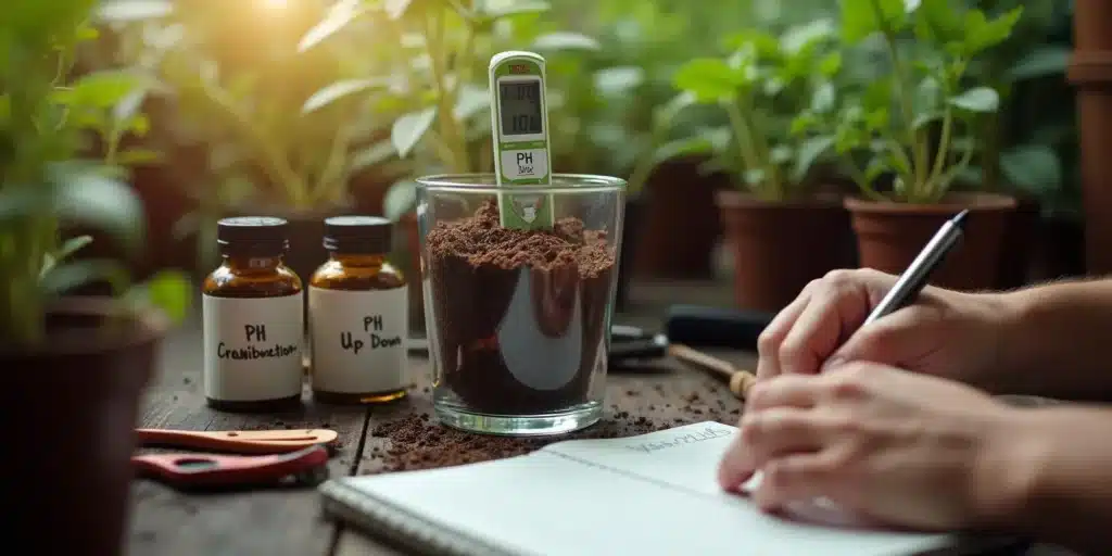 Checking pH levels in soil for autoflower plants with a digital meter and pH solutions.