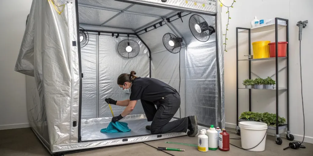 Person in mask and gloves cleaning the floor of a large grow tent with a cloth and cleaning supplies nearby.
