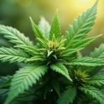 Close-up of a 3 leaf cannabis plant with morning dew.