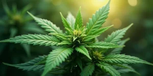 Close-up of a 3 leaf cannabis plant with morning dew.