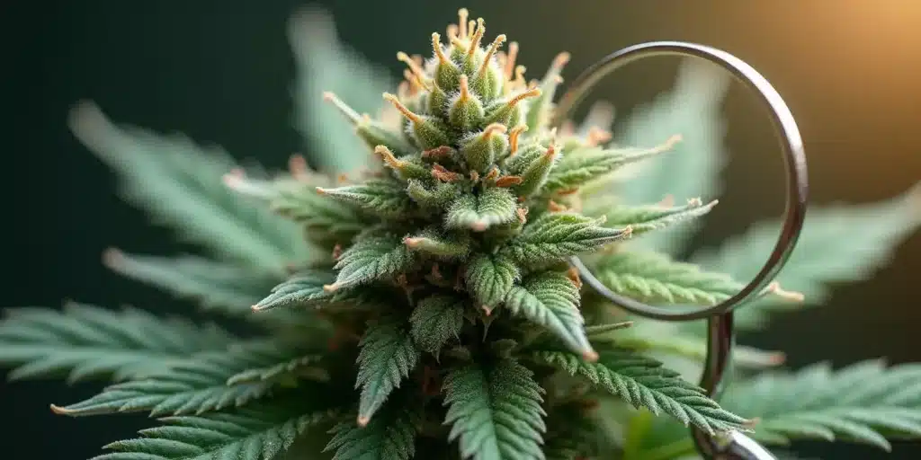 Close-up of a dense cannabis bud being inspected through a magnifying loupe.