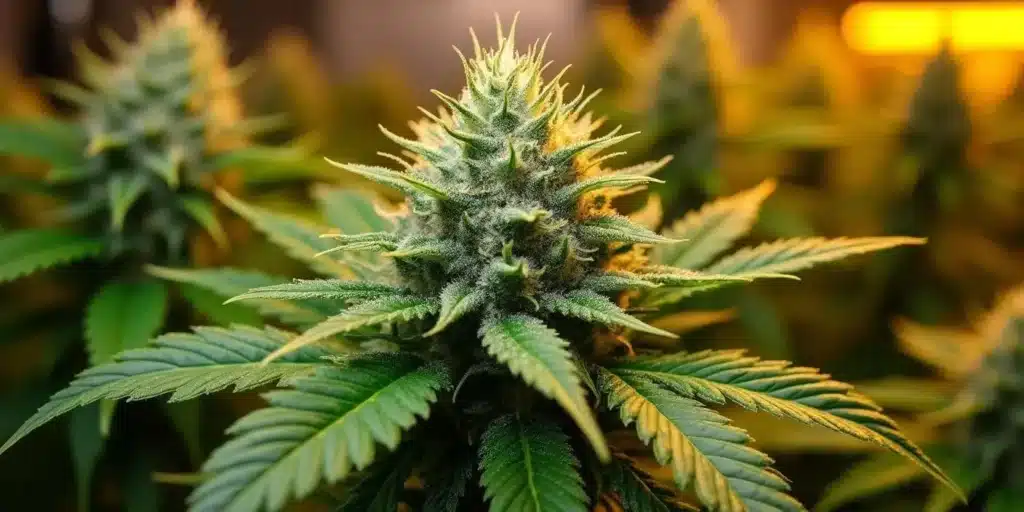 Close-up of a cannabis bud in autoflower week 10 with dense trichomes.