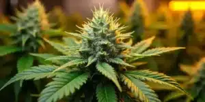 Close-up of a cannabis bud in autoflower week 10 with dense trichomes.