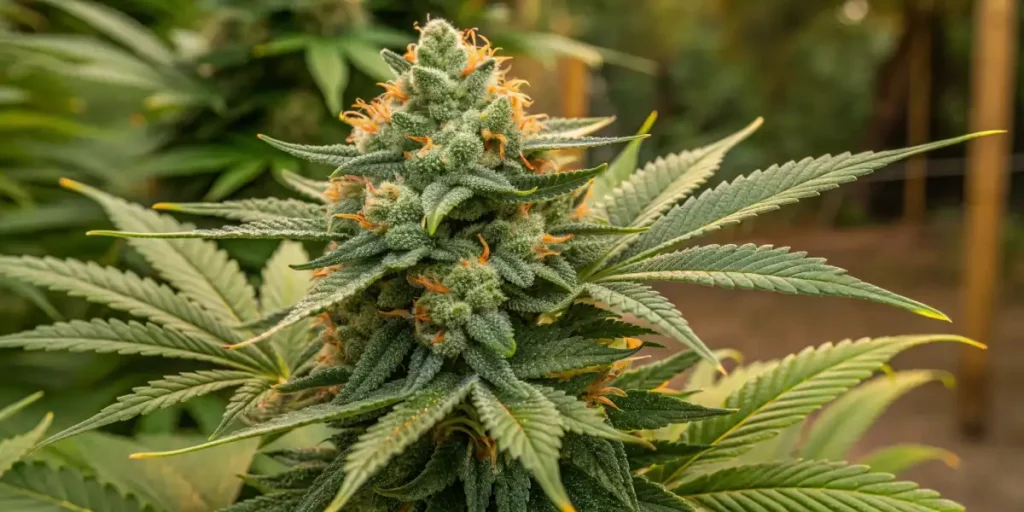 A close-up of a healthy cannabis plant with dense, green buds and vibrant orange pistils, surrounded by green leaves in a garden.